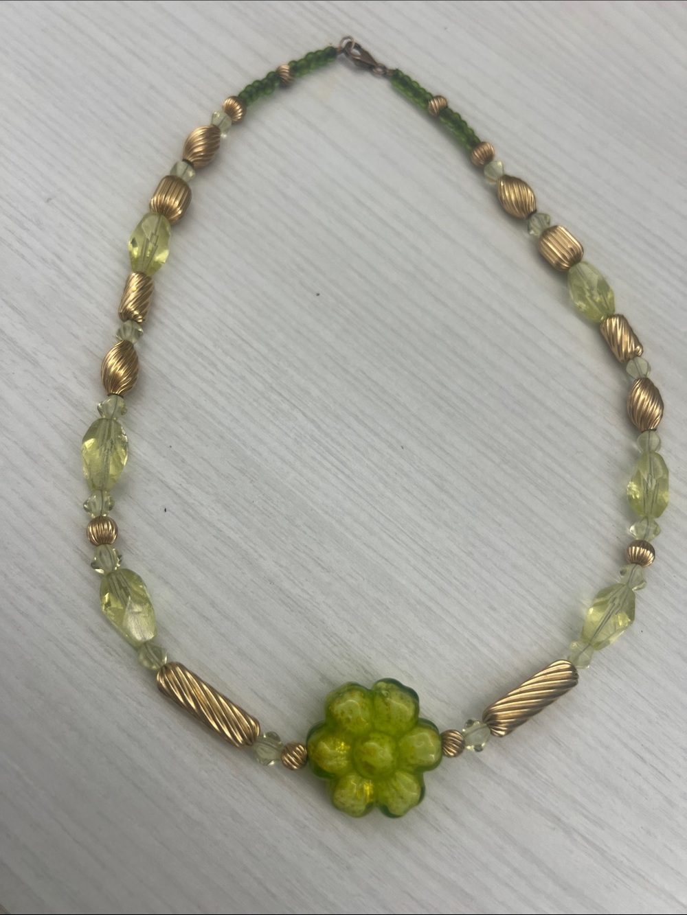 Green Floral Glass Bead Necklace with Gold Accents - Women Jewelry